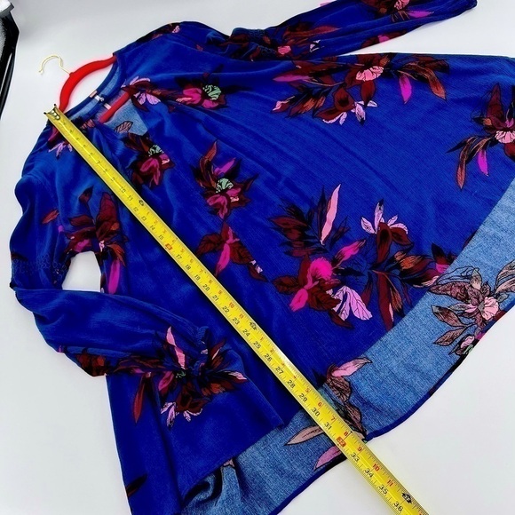 FREE PEOPLE S Tree Swing Tunic Top Mini Dress Blue Floral Cutout Flowy Boho XS - Picture 15 of 16